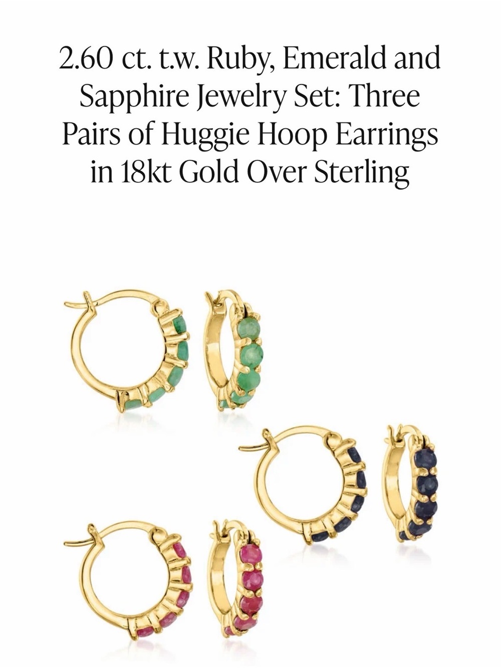 3-Pair Gold Huggie Hoop Earring Set with Emerald, Sapphire & Ruby